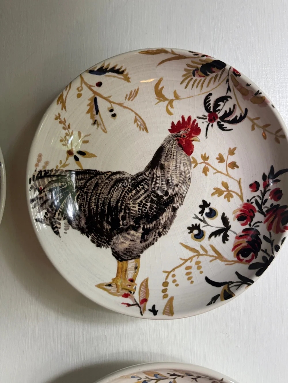 Set of 4 Rooster Decorative Ceramic Wall Plates - Cream & Multicolor